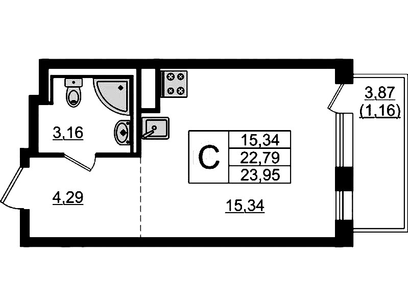 Квартира студия 23.95 м², 11/12 эт., ЖК «Новые Лаврики»